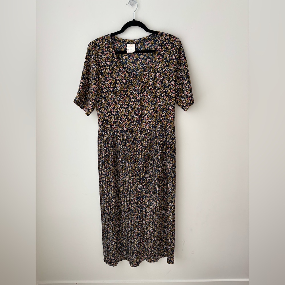 Vintage Floral Button Front Midi Dress Navy Pink Pleated Skirt Size 9/10 - Picture 2 of 10